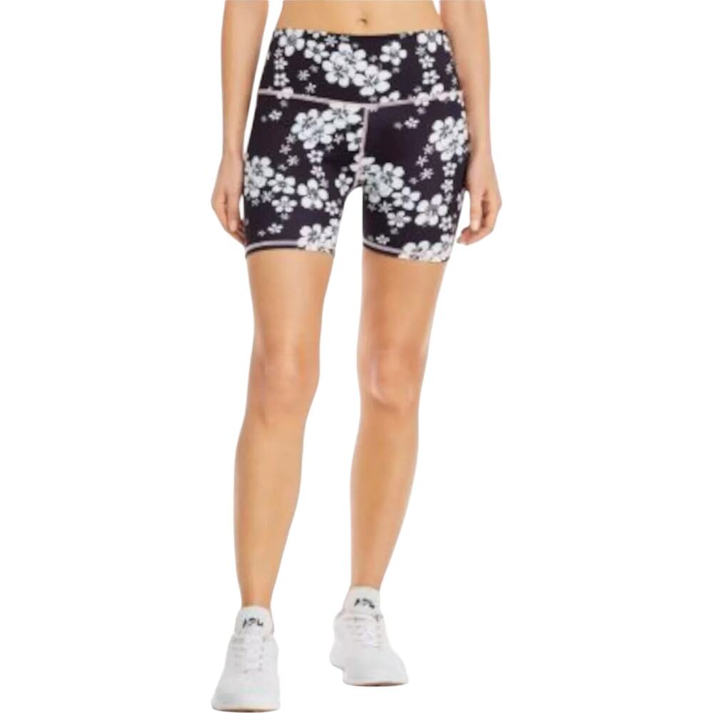 Frankies Bikinis Black Floral Print  Bike Shorts Shorts, M
